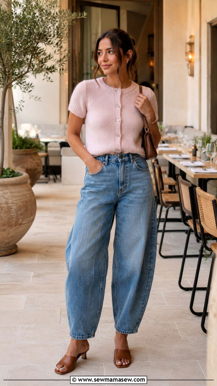 Barrel Jeans With Short Sleeve Cardigan And Mules - 25 Barrel jeans outfit ideas with a cardigan