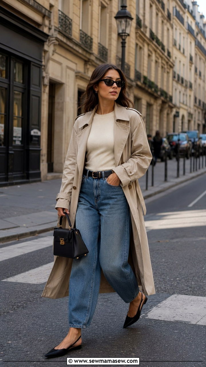 Barrel Jeans With Slingback Flats and Trench Coat - 25 Barrel jeans outfit ideas with flats
