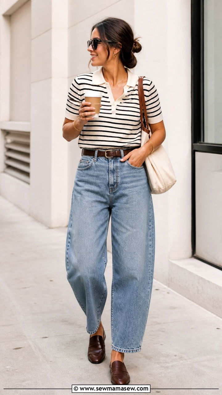 Barrel Jeans With Striped Polo And Loafers - 40 summer jeans outfit ideas