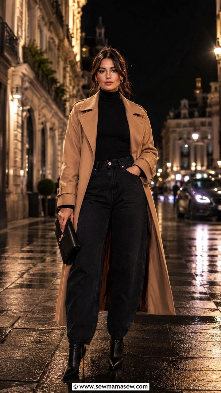 Barrel Jeans With Trench Coat And All Black Base - 25 Barrel jeans outfit ideas with a trench coat