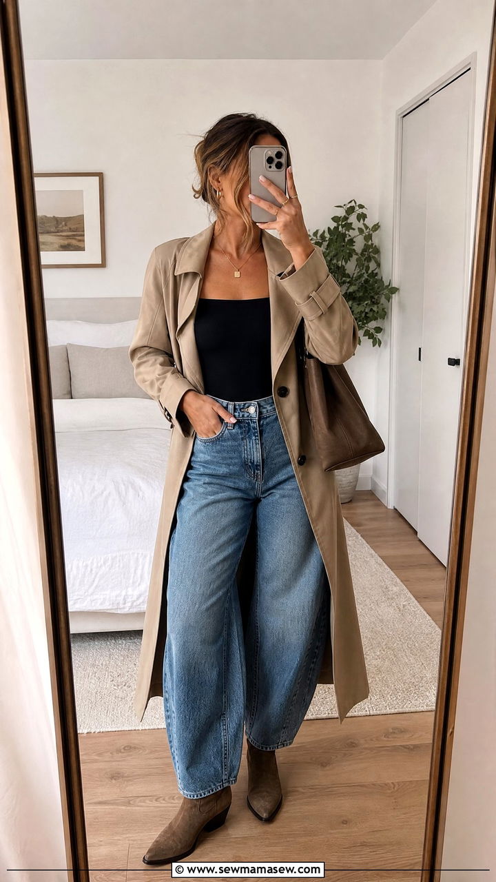Barrel Jeans With Trench Coat And Bodysuit - 25 Barrel jeans outfit ideas with a trench coat