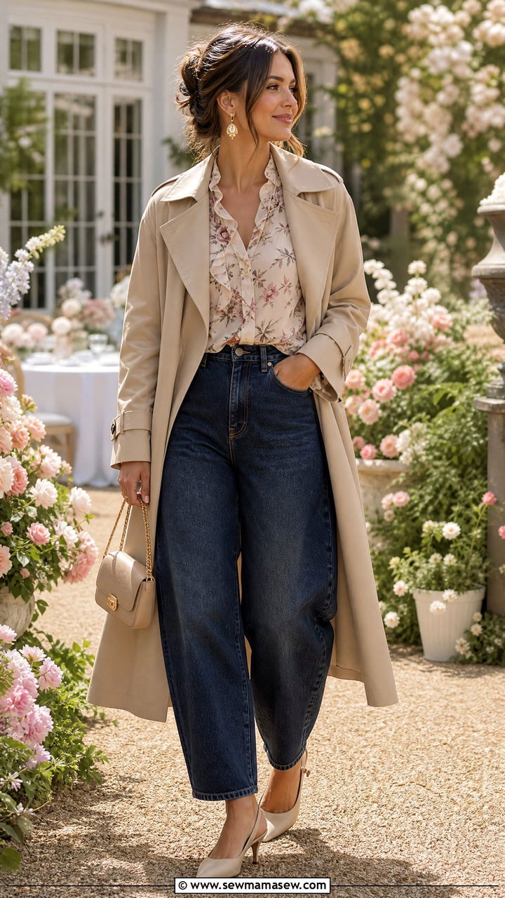 Barrel Jeans With Trench Coat And Chiffon Blouse - 25 Barrel jeans outfit ideas with a trench coat