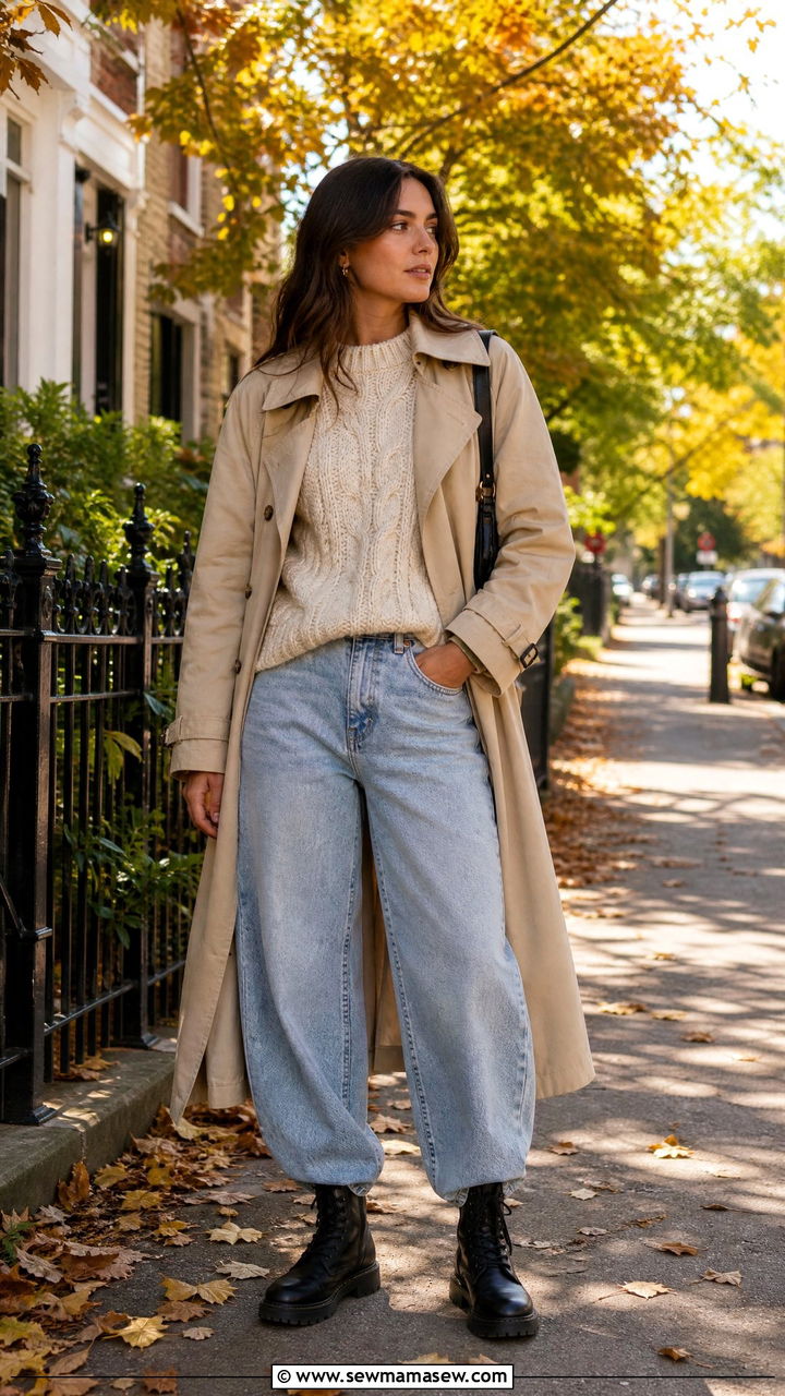 Barrel Jeans With Trench Coat And Chunky Knit Sweater - 25 Barrel jeans outfit ideas with a trench coat