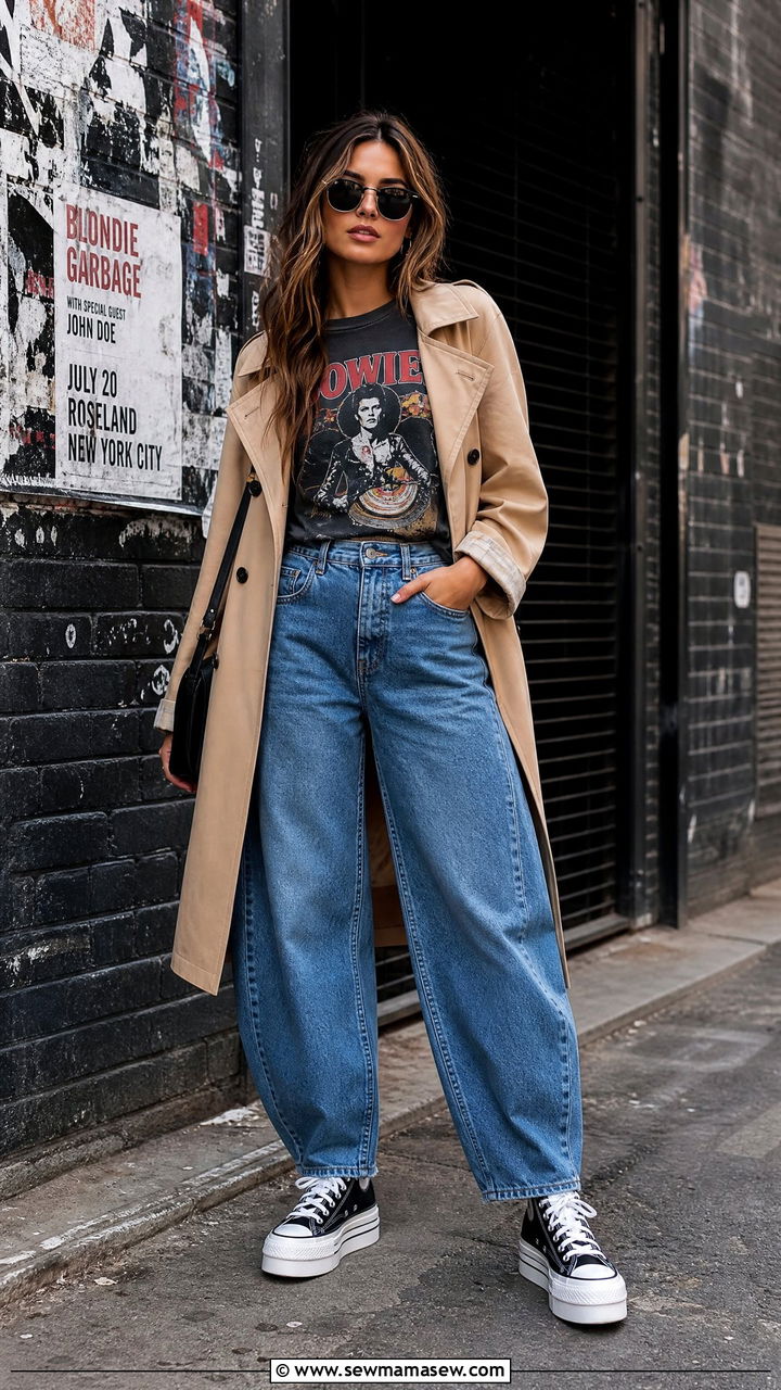 Barrel Jeans With Trench Coat And Graphic Tee - 25 Barrel jeans outfit ideas with a trench coat