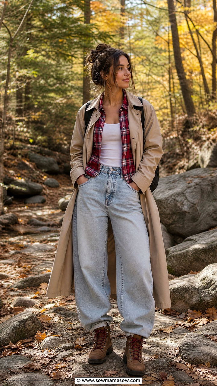 Barrel Jeans With Trench Coat And Plaid Shirt - 25 Barrel jeans outfit ideas with a trench coat