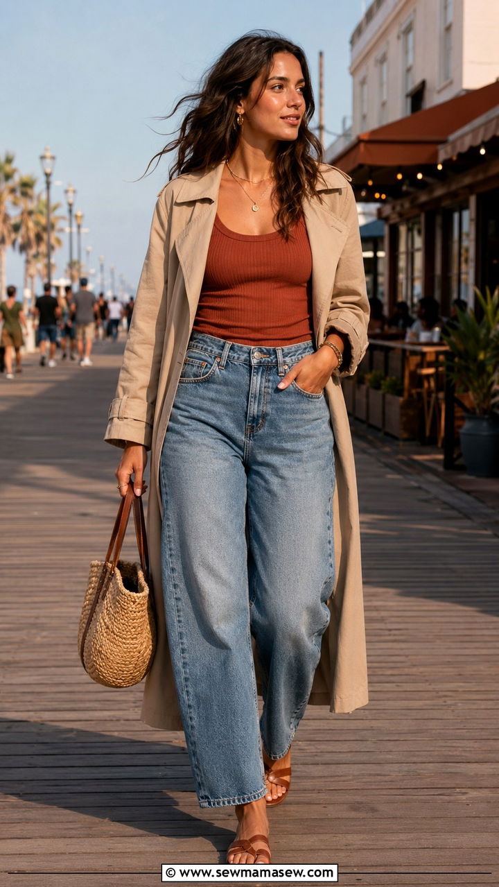 Barrel Jeans With Trench Coat And Ribbed Tank - 25 Barrel jeans outfit ideas with a trench coat