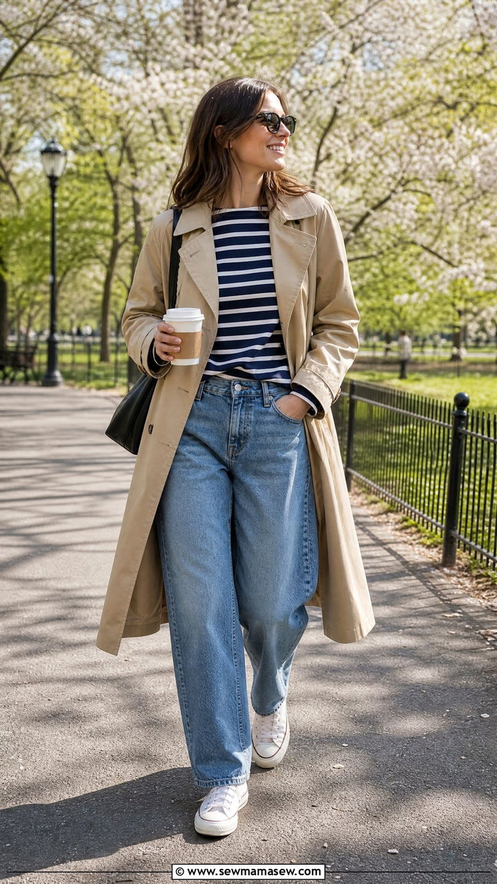 Barrel Jeans With Trench Coat And Striped Tee - 25 Barrel jeans outfit ideas with a trench coat