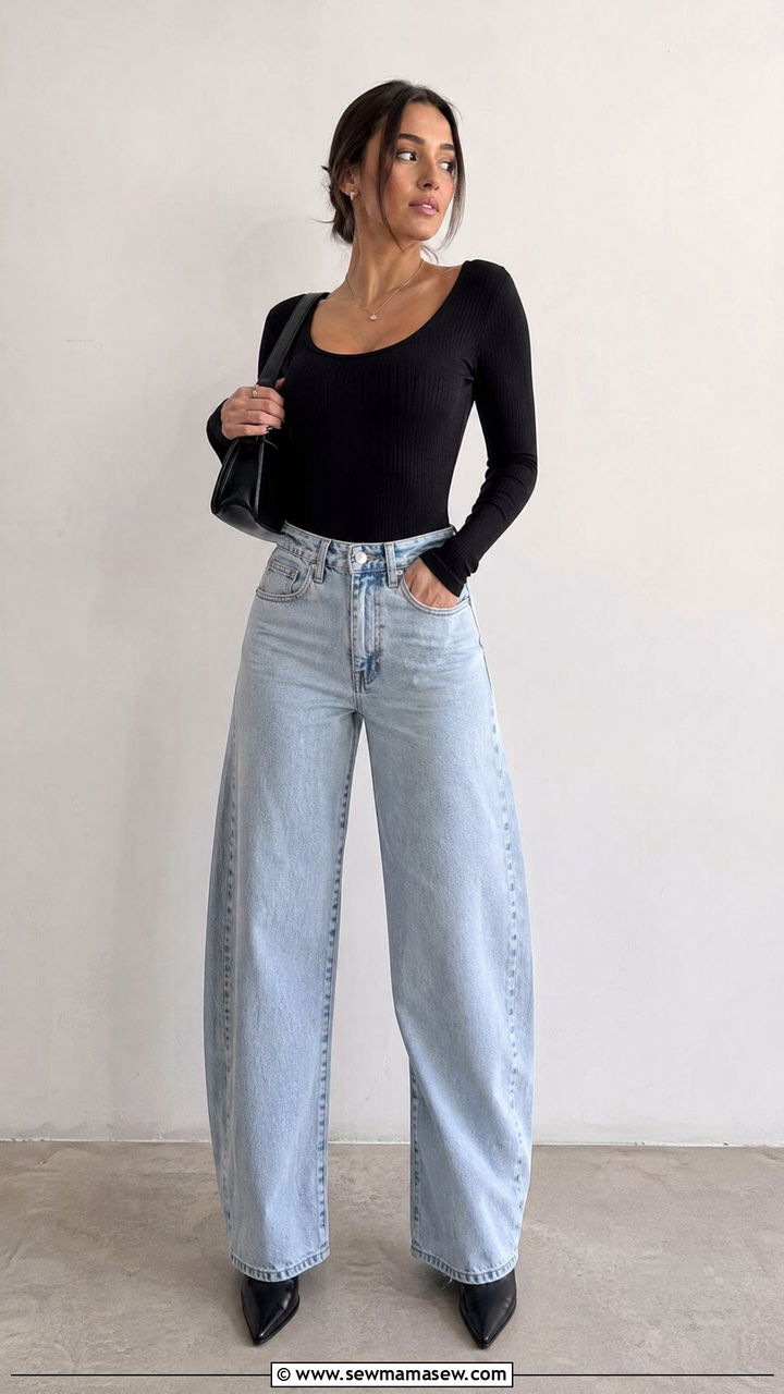 Barrel Jeans and Ribbed Bodysuit with Pointed Toe Boots - 35 errands outfits for women