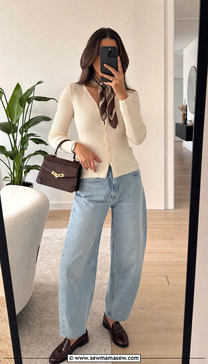 Barrel Jeans with Fitted Cardigan and Loafers Outfit - 25 spring outfits 2026 women for women