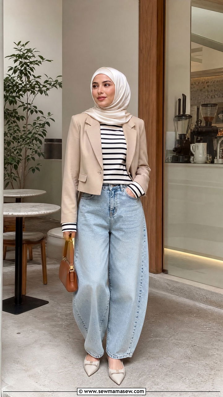 Barrel Jeans with Striped Top and Cropped Blazer - 25 casual outfits for hijab women