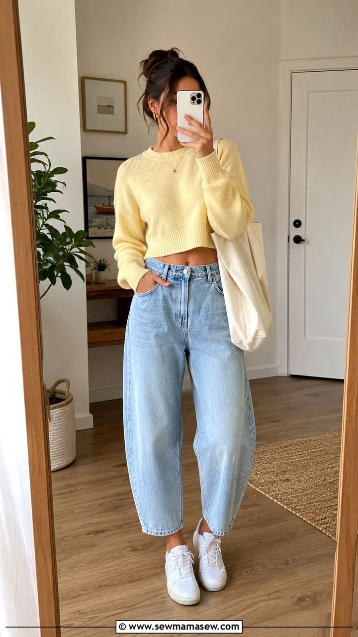 Barrel Jeans with a Cropped Sweater and Sneakers - 30 transitional jeans outfit ideas