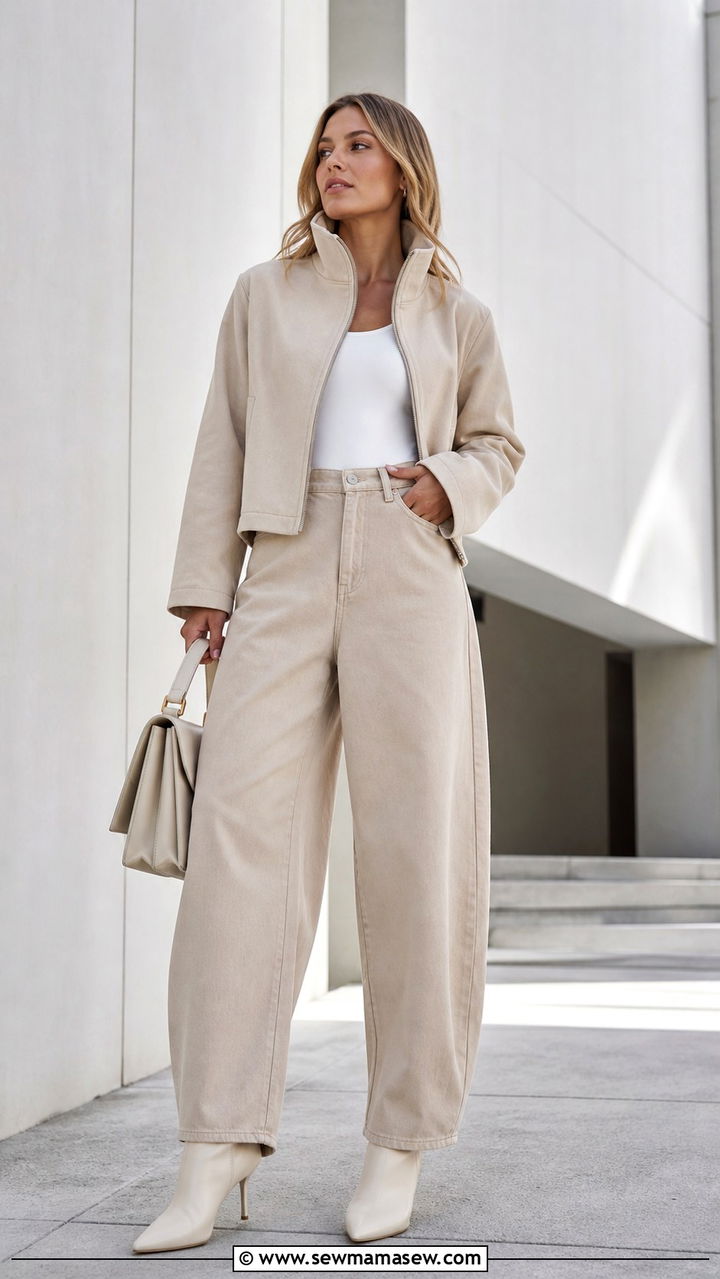 Barrel Leg Jeans With Funnel Neck Jacket And Pointy Boots - 40 spring jeans outfit ideas