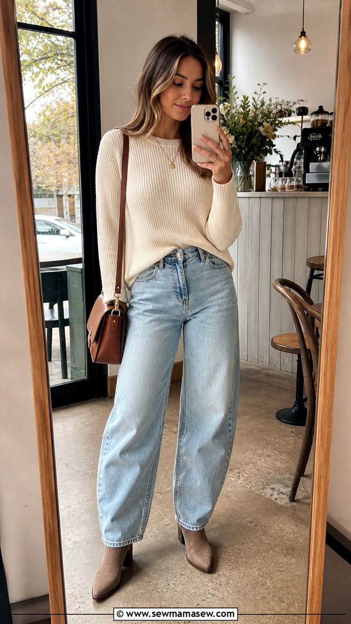 Barrel Leg Jeans with Knit Sweater and Ankle Boots - 40 cute jeans outfits