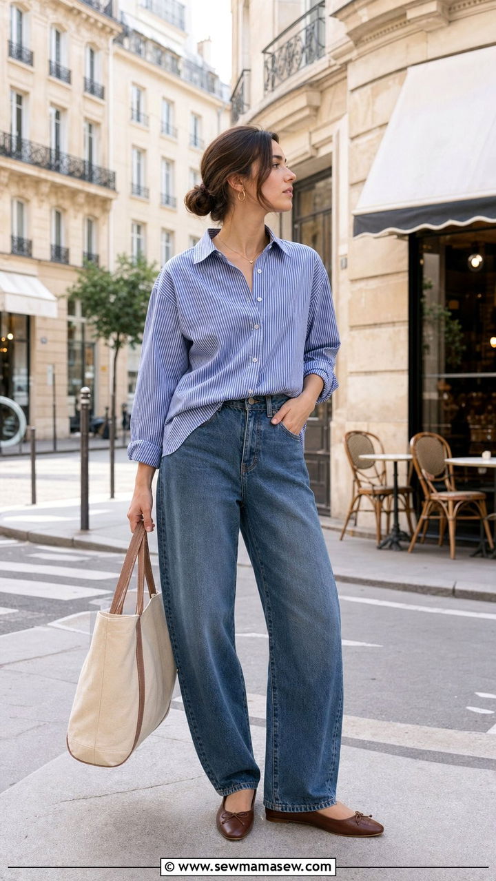 Barrel Leg Jeans with Striped Button Down - 25 spring summer 2026 outfits trends