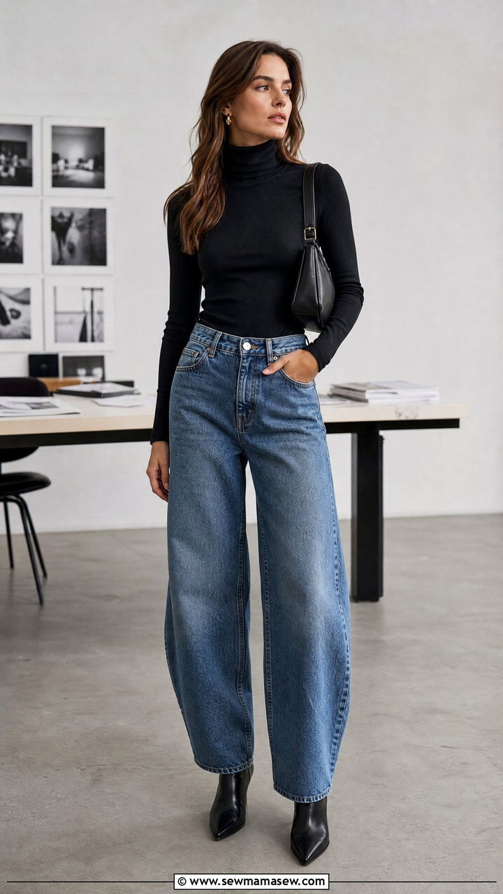 Barrel Leg Jeans with Turtleneck - 35 jeans outfits ideas