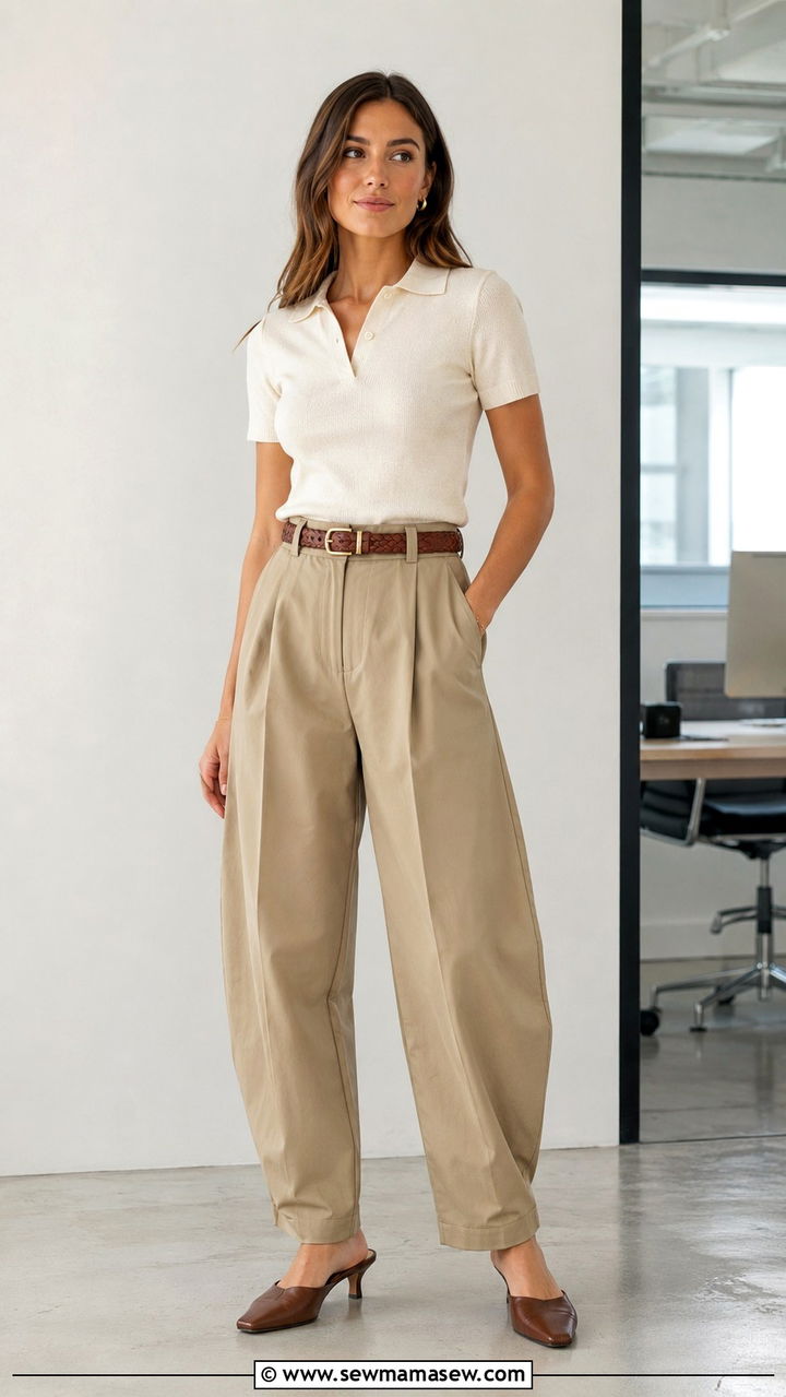 Barrel Leg Trousers With Tucked In Polo Outfit - 30 Office outfits for Gen Z