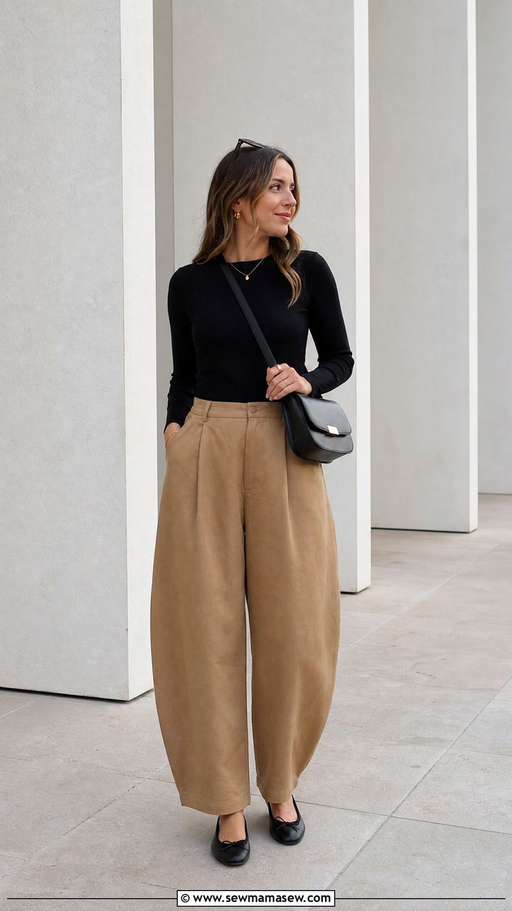Barrel Leg Trousers With a Fitted Knit Top and Ballet Flats - 25 2026 outfits casual