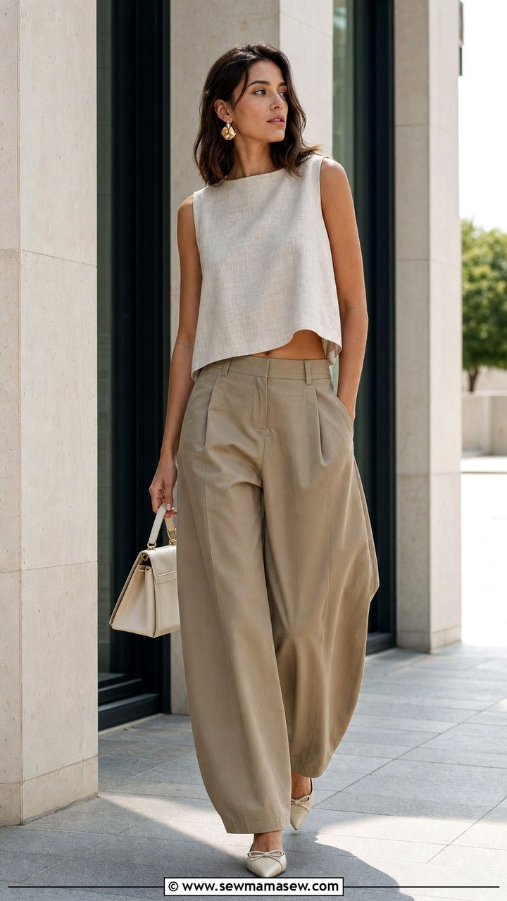 Barrel Leg Trousers with a Boxy Linen Top - 25 Dressy casual summer outfit ideas 2026