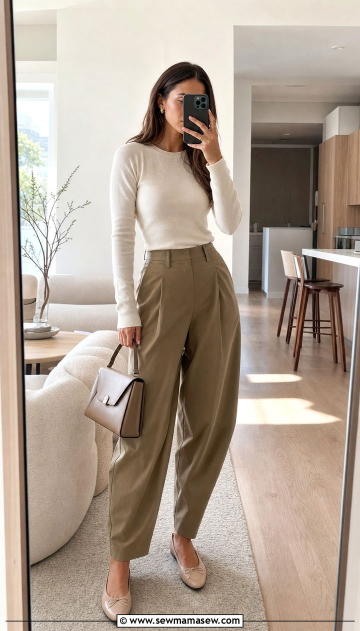 Barrel Trousers with Fitted Sweater and Ballet Flats - 25 cute trendy outfits