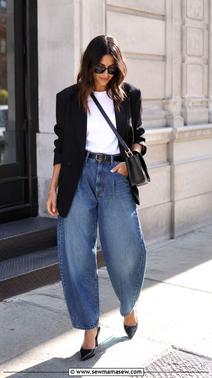 Barrel jeans outfit with blazer and heels - 25 Barrel jeans outfit ideas with heels