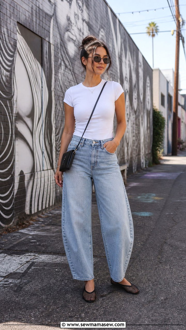 Barrel jeans with a slim fit tee and mesh flats - 40 What to wear in Los Angeles