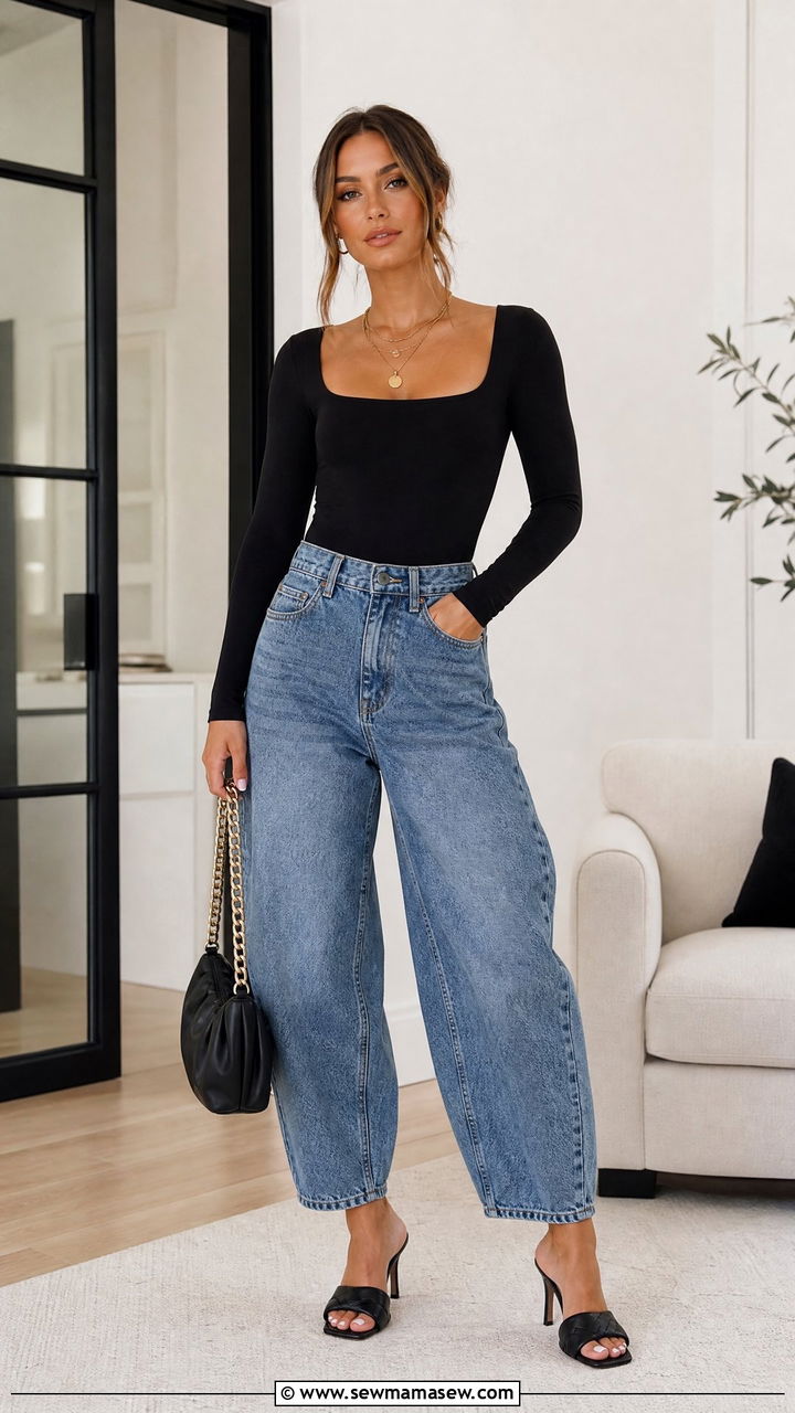 Barrel jeans with bodysuit and heels - 25 Barrel jeans outfit ideas with heels