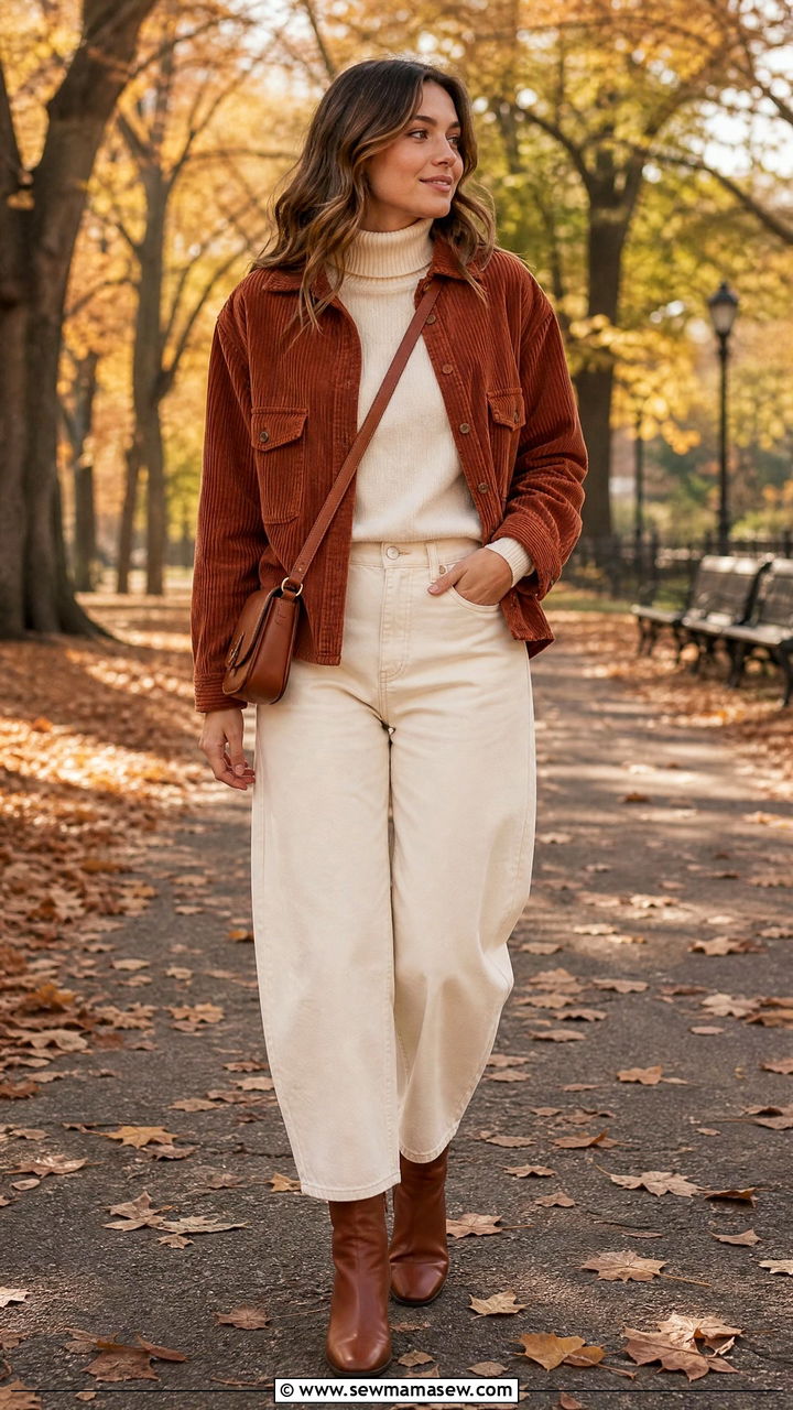 Barrel jeans with corduroy jacket and leather ankle boots - 25 chic barrel jeans outfit ideas
