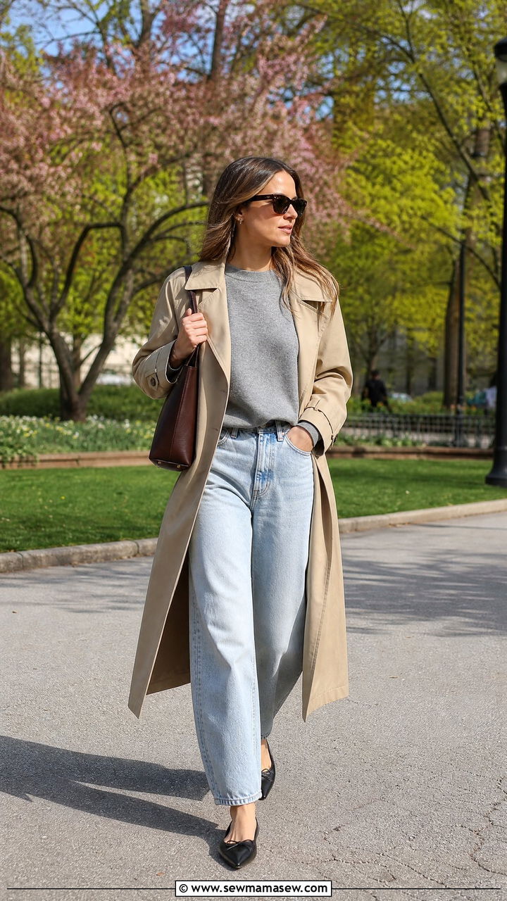 Barrel jeans with crewneck sweater and long trench coat - 25 chic barrel jeans outfit ideas