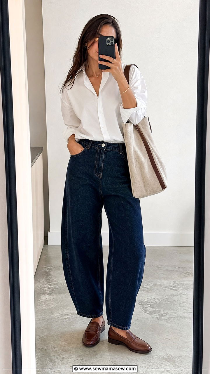 Barrel jeans with crisp button down shirt and loafers - 25 chic barrel jeans outfit ideas