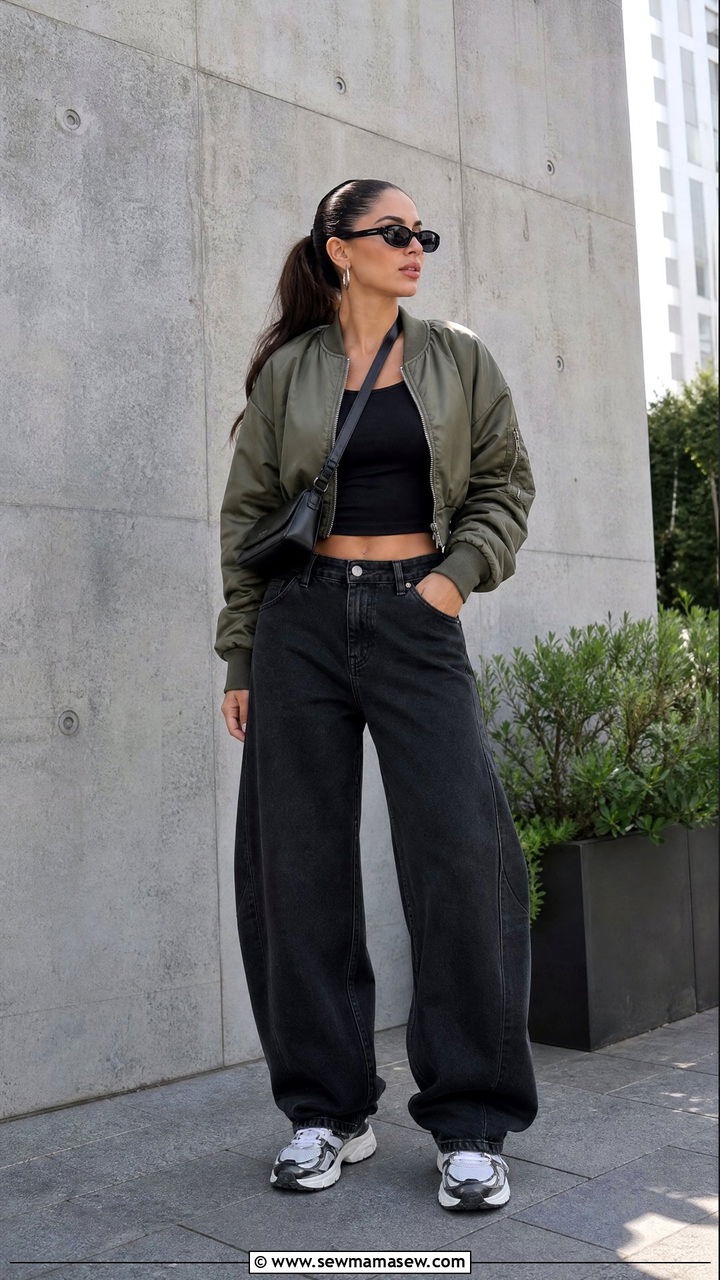 Barrel jeans with cropped bomber jacket and chunky trainers - 25 chic barrel jeans outfit ideas
