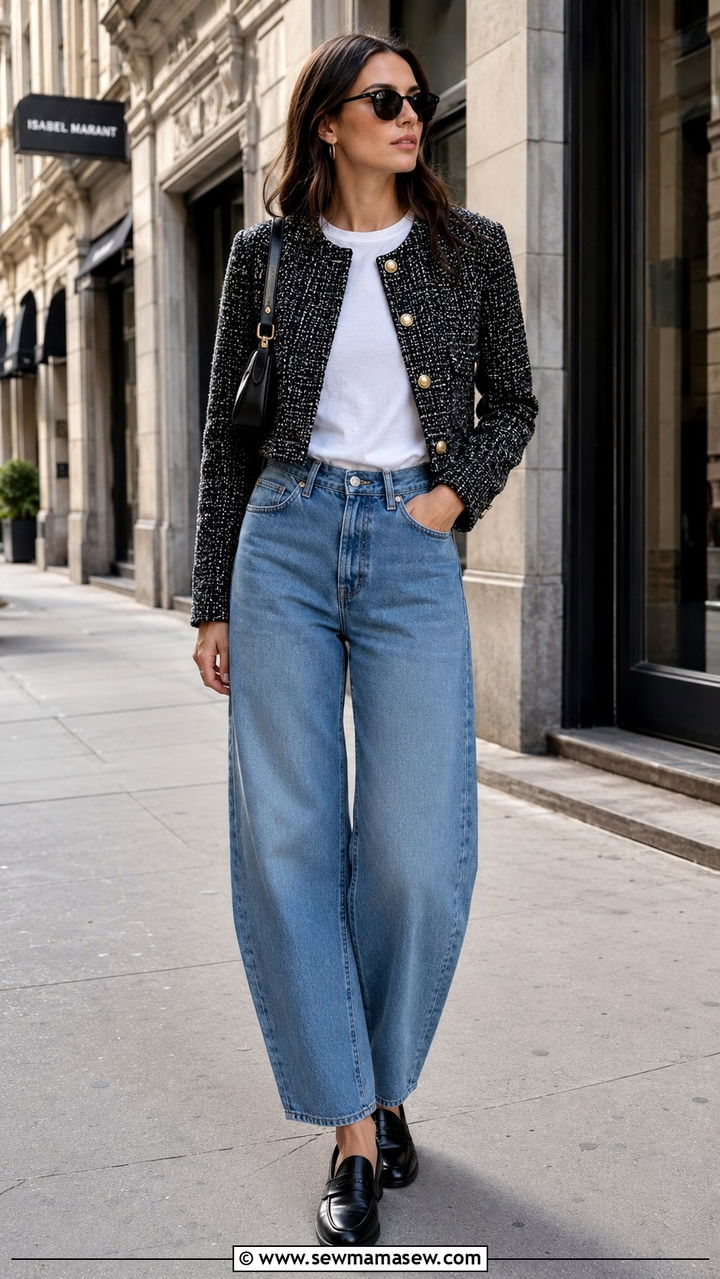 Barrel jeans with cropped jacket and loafers - 30 Tall women jeans outfit ideas