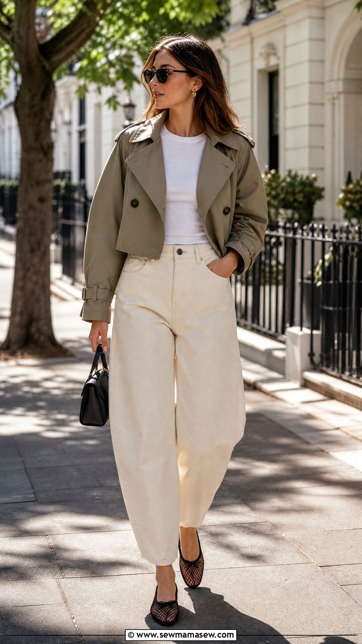 Barrel jeans with cropped trench coat and mesh ballet flats - 25 chic barrel jeans outfit ideas