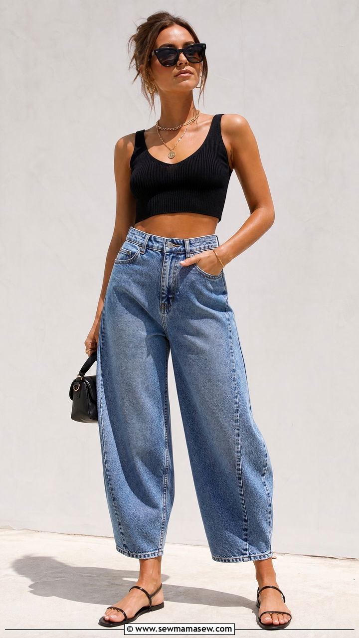 Barrel jeans with fitted crop top and strappy sandals - 25 chic barrel jeans outfit ideas
