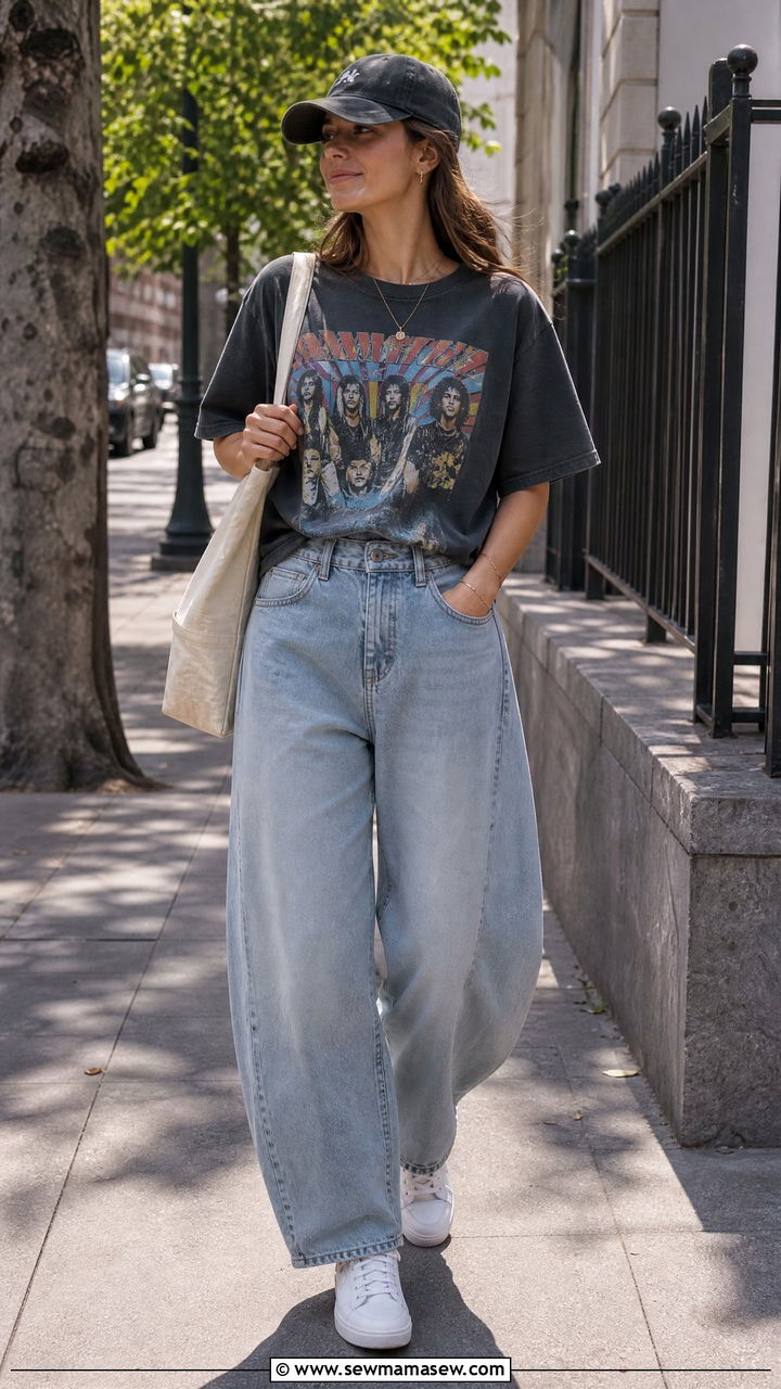 Barrel jeans with graphic tee and classic white sneakers - 25 chic barrel jeans outfit ideas