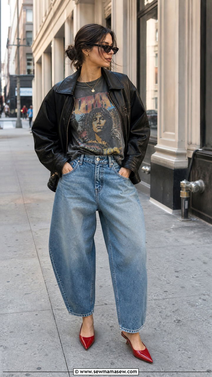 Barrel jeans with graphic tee and heels - 25 Barrel jeans outfit ideas with heels