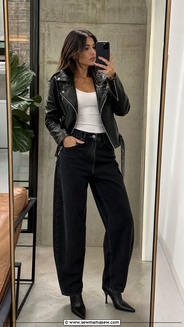 Barrel jeans with leather jacket and heels - 25 Barrel jeans outfit ideas with heels