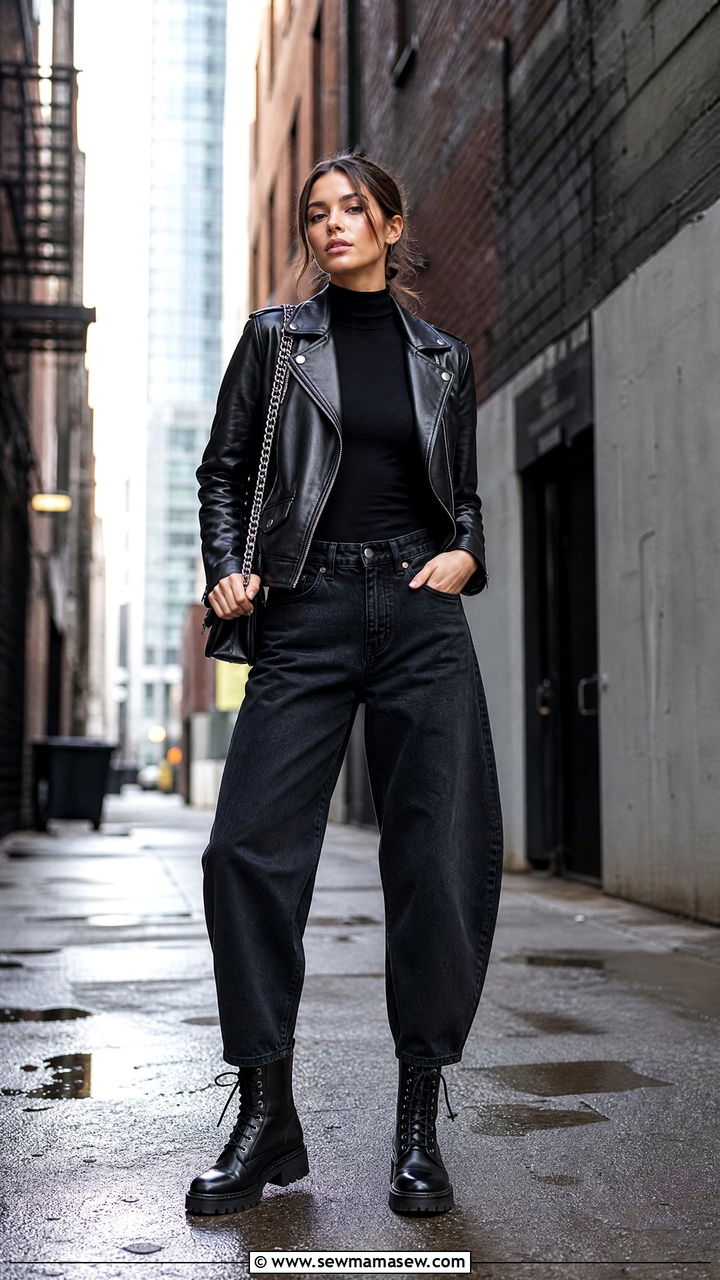Barrel jeans with leather moto jacket and combat boots - 25 chic barrel jeans outfit ideas