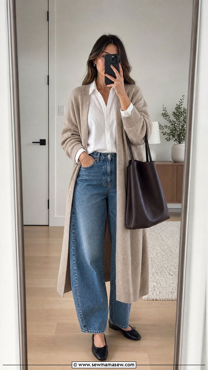 Barrel jeans with long cardigan layered over a collared shirt - 25 chic barrel jeans outfit ideas