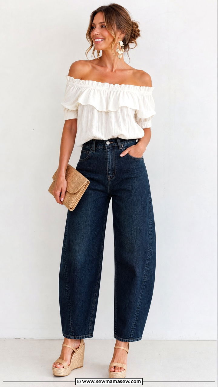 Barrel jeans with off shoulder top and heeled wedges - 25 chic barrel jeans outfit ideas