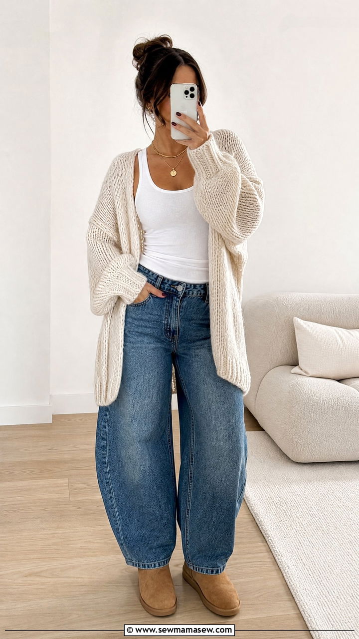 Barrel jeans with oversized chunky cardigan and layered necklaces - 25 chic barrel jeans outfit ideas
