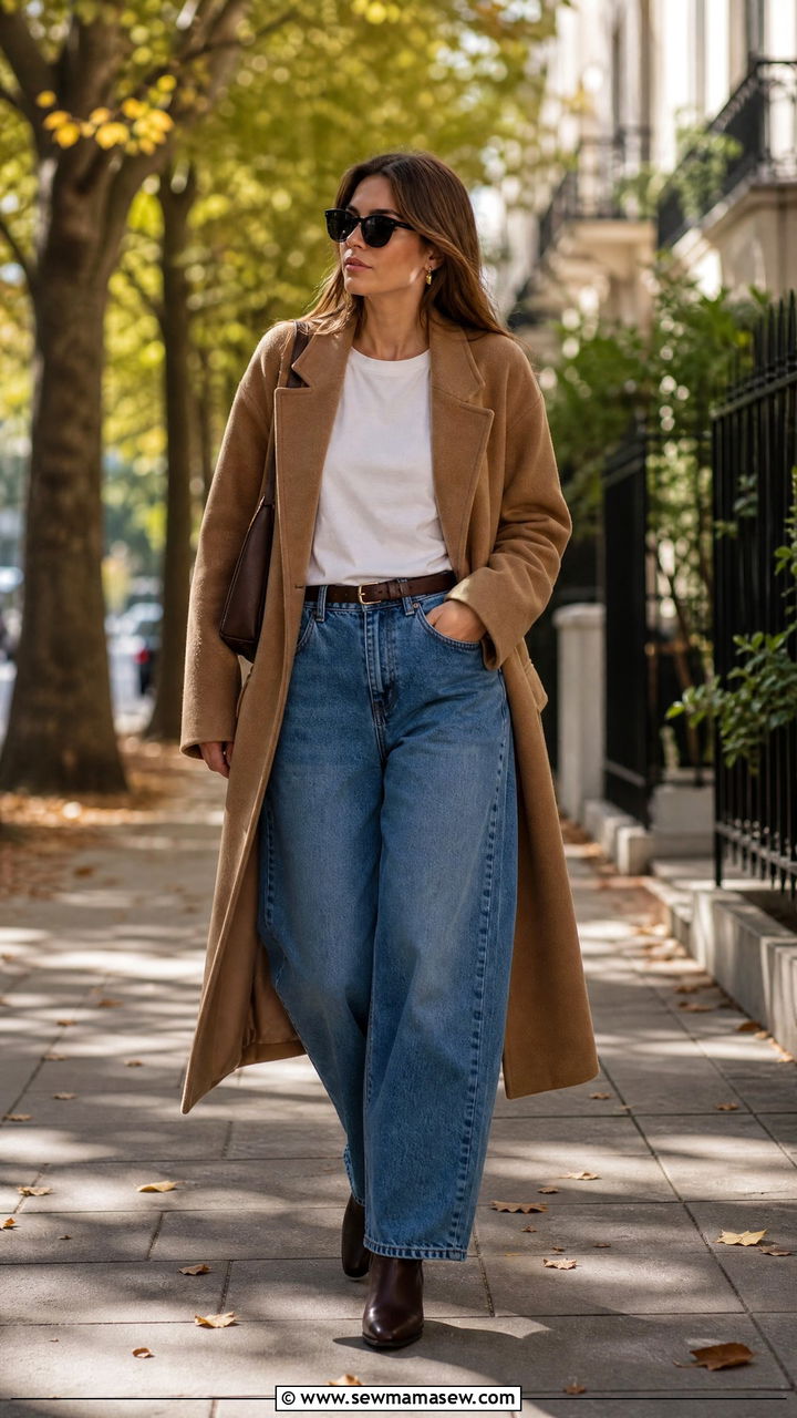 Barrel jeans with oversized coat and simple white tee - 25 chic barrel jeans outfit ideas