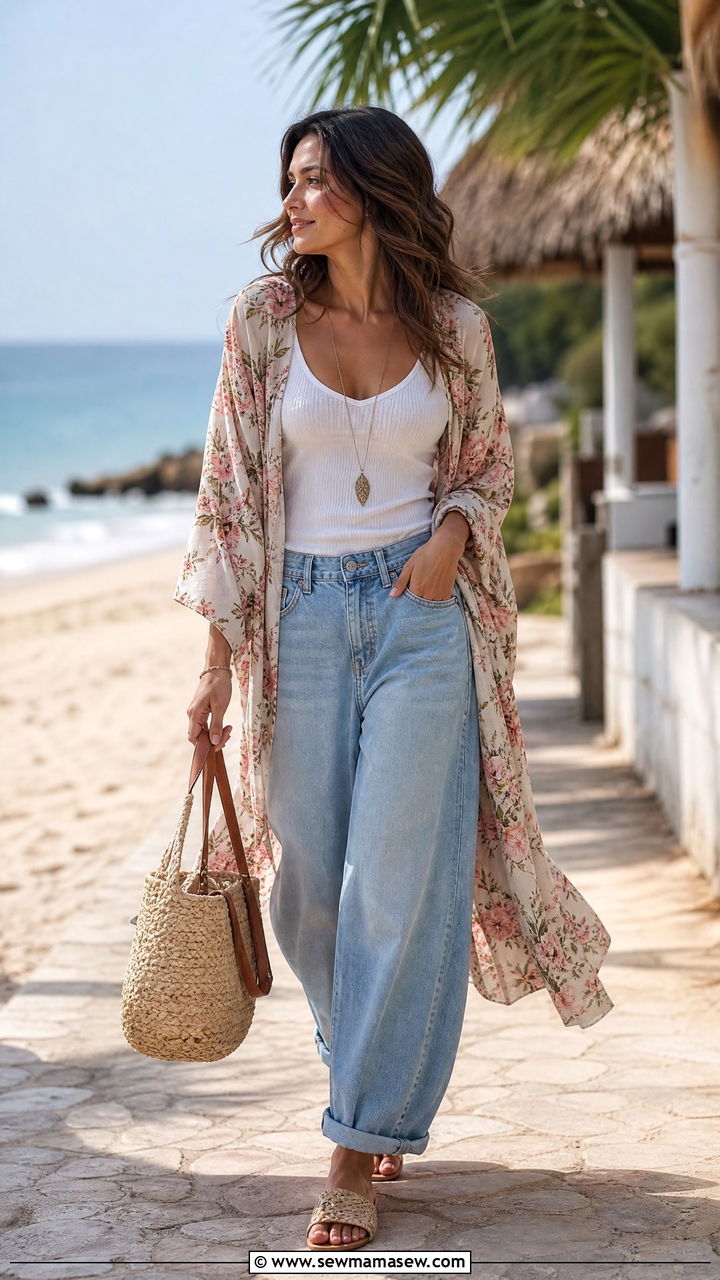 Barrel jeans with ribbed tank top and lightweight kimono - 25 chic barrel jeans outfit ideas