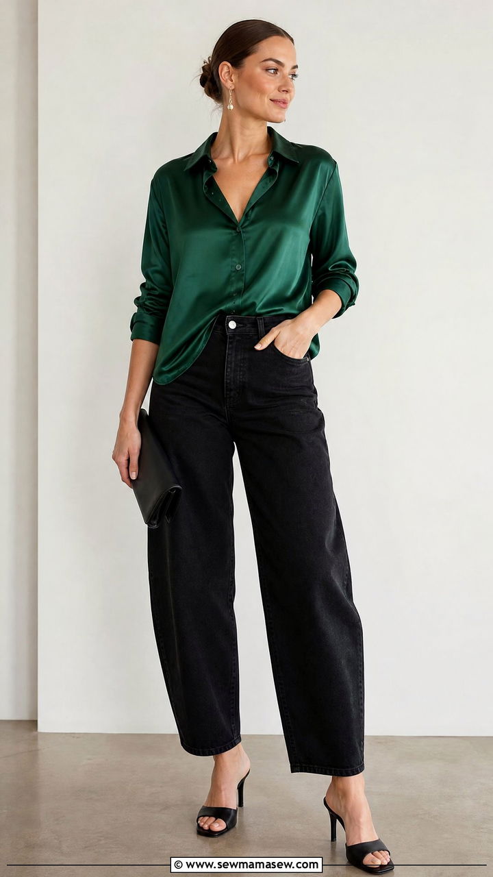 Barrel jeans with satin button down blouse and heeled mules - 25 chic barrel jeans outfit ideas