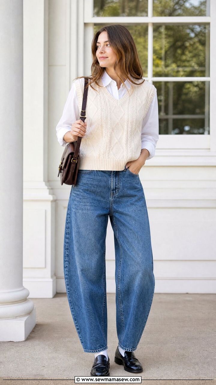 Barrel jeans with sweater vest layered over a crisp shirt - 25 chic barrel jeans outfit ideas