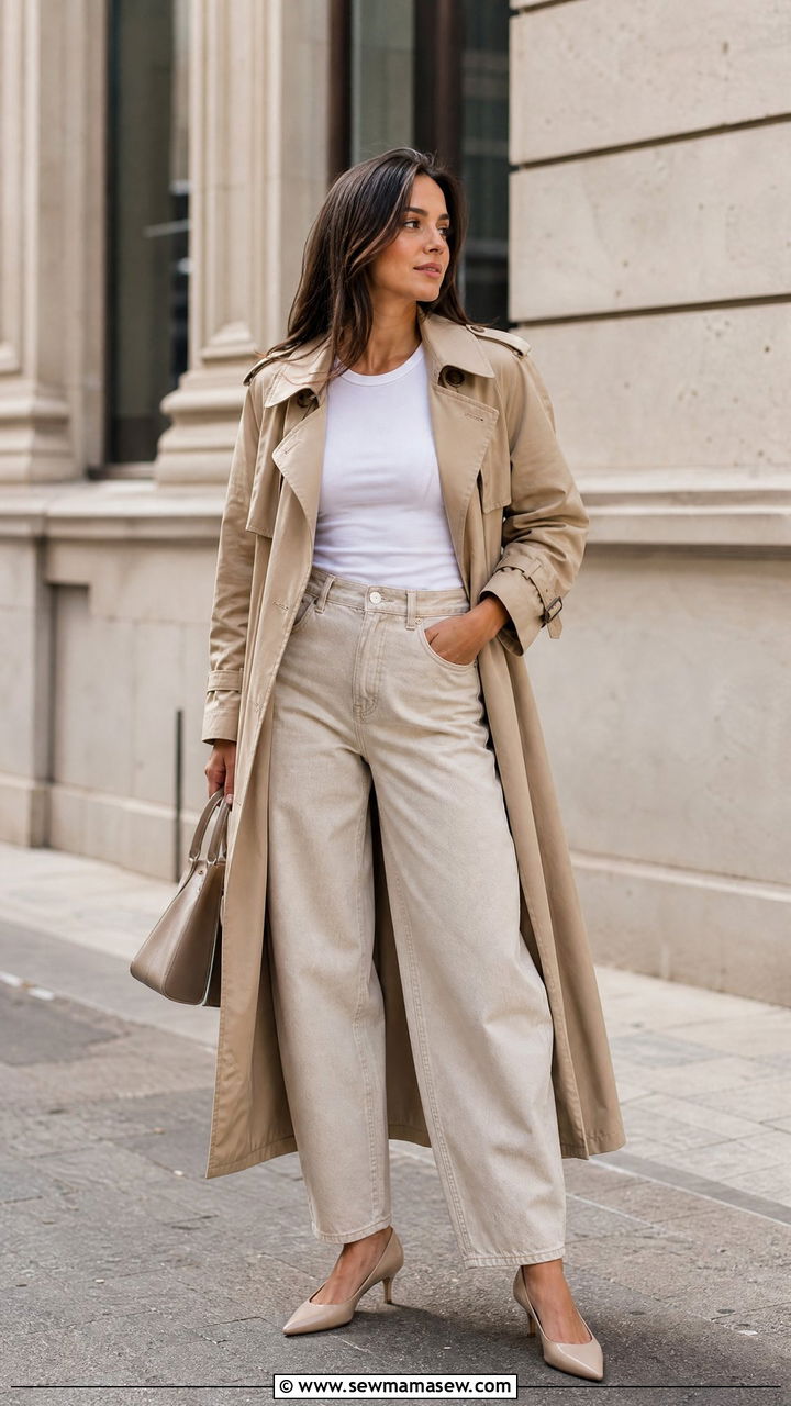 Barrel jeans with trench coat and heels - 25 Barrel jeans outfit ideas with heels