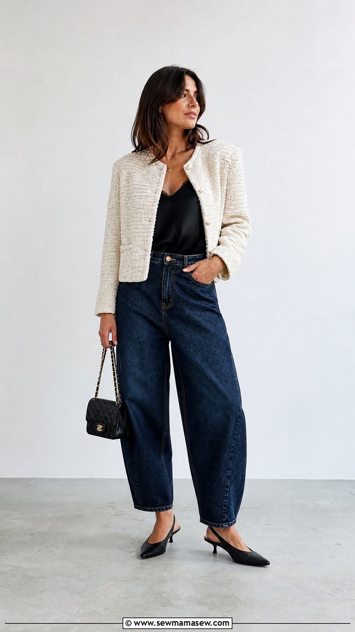 Barrel jeans with tweed jacket and slingback pumps - 25 chic barrel jeans outfit ideas
