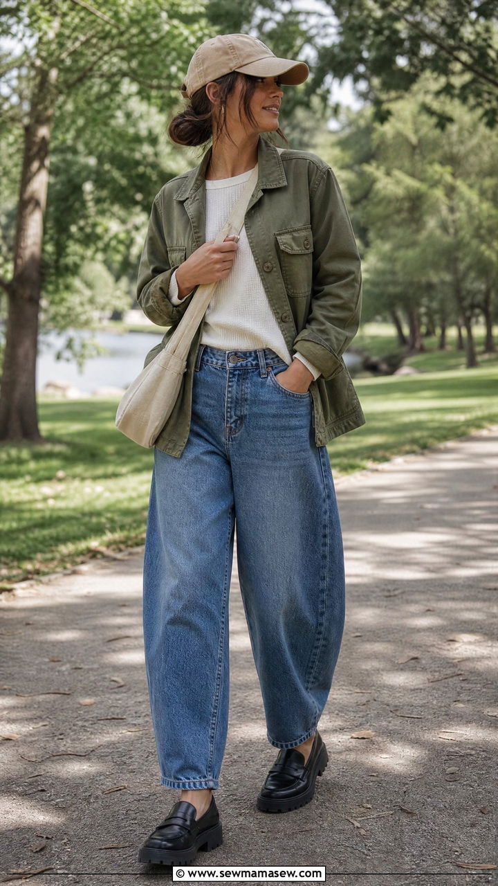 Barrel jeans with utility jacket and lug sole loafers - 25 chic barrel jeans outfit ideas