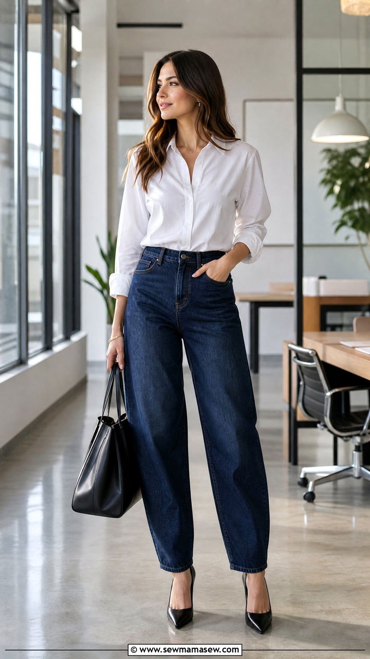Barrel jeans with white button down shirt and heels - 25 Barrel jeans outfit ideas with heels