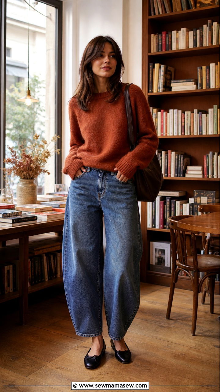 Barrel leg jeans with oversized sweater and ballet flats - 40 jeans outfits