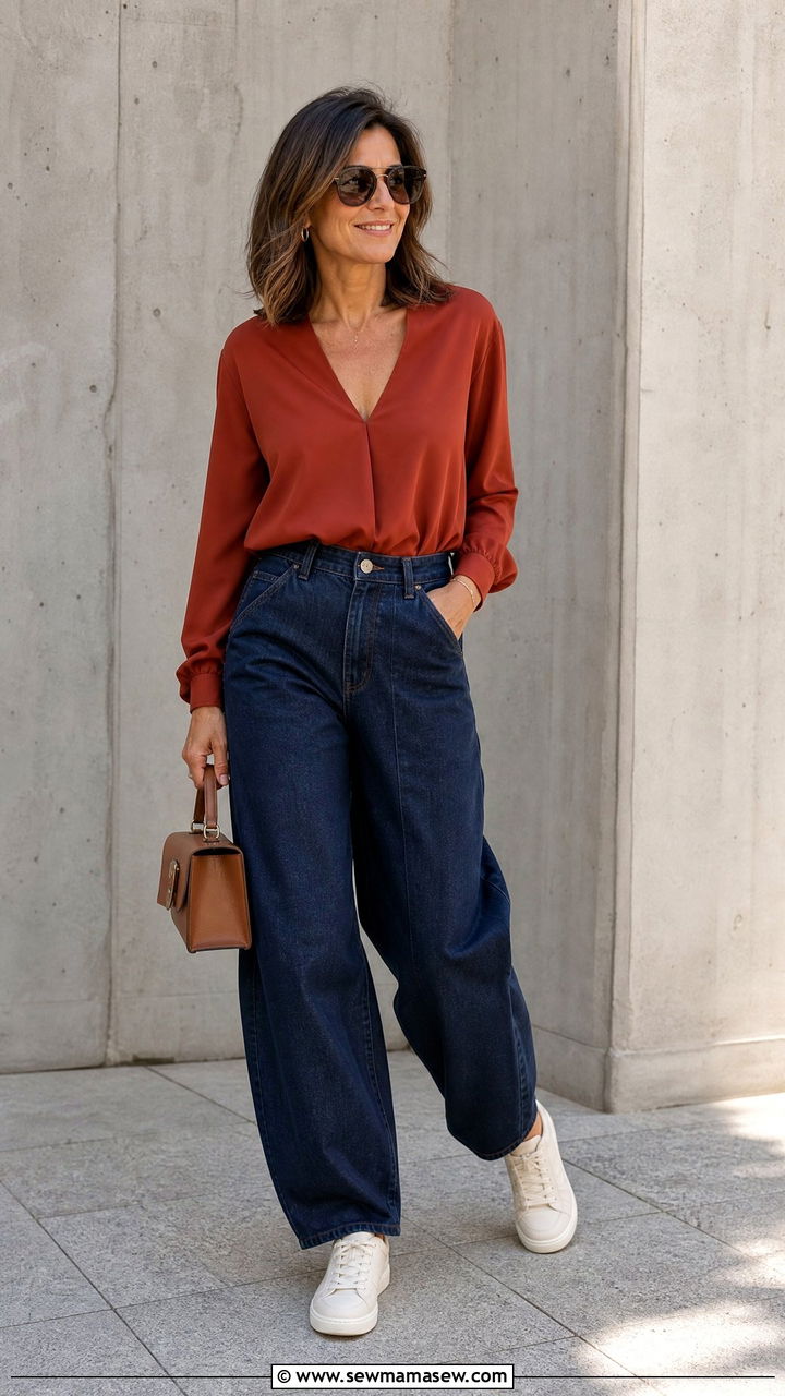 Barrel leg jeans with slim sneakers and a tucked in blouse - 35 Jeans and sneakers outfit ideas over 40